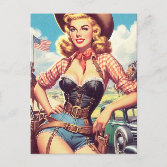 Cartão Postal Vintage Cowgirl Pin Up (Frente)