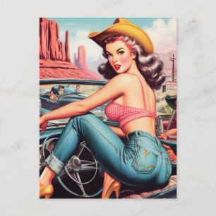 Cartão Postal Vintage Cowgirl Pin Up