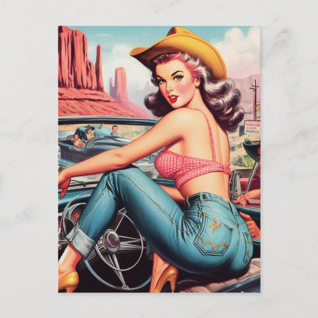 Cartão Postal Vintage Cowgirl Pin Up (Frente)