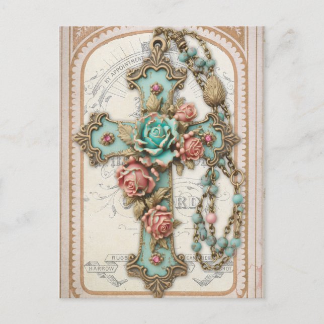 Cartão Postal Vintage Cross and Flowers (Frente)