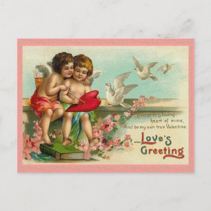 Cartão postal vintage Cupido e pombas