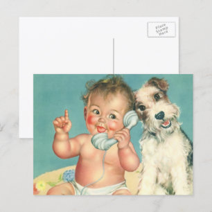 Cartão Postal Vintage Cute Baby Conversando no Phone Puppy Dog