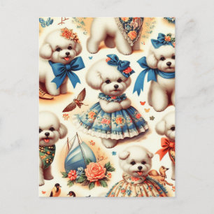 Cartão Postal Vintage Cute Bichon Frisé Painting