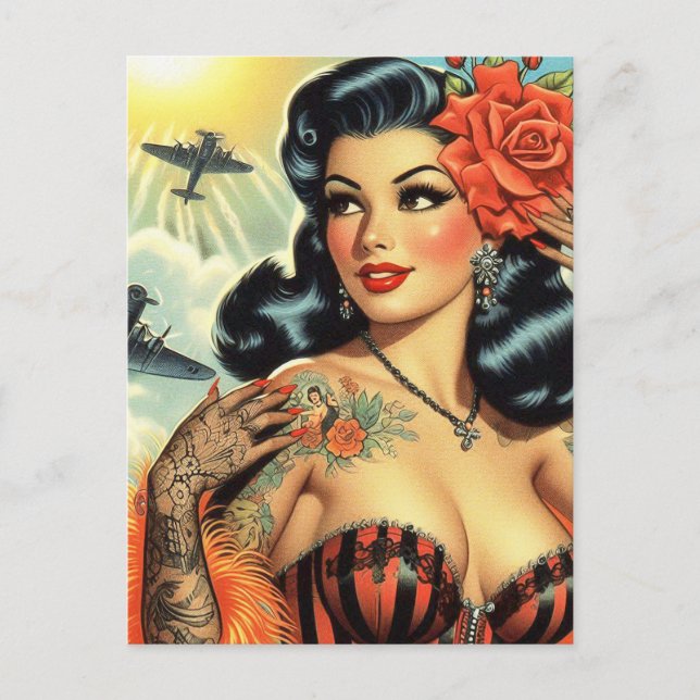 Cartão Postal Vintage Cute Tattoo Girl (Frente)