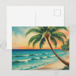 Cartão postal vintage da praia com palmeira da Fló