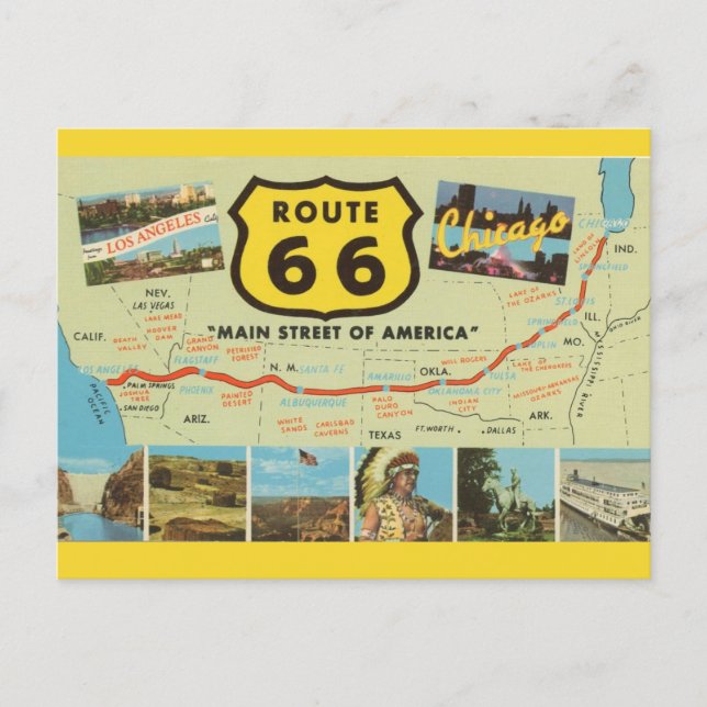 Cartão postal vintage da Rota 66 (Frente)