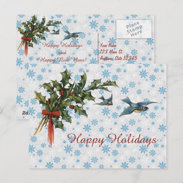 Cartão postal vintage de azevinho e pássaros (Frente/Verso)