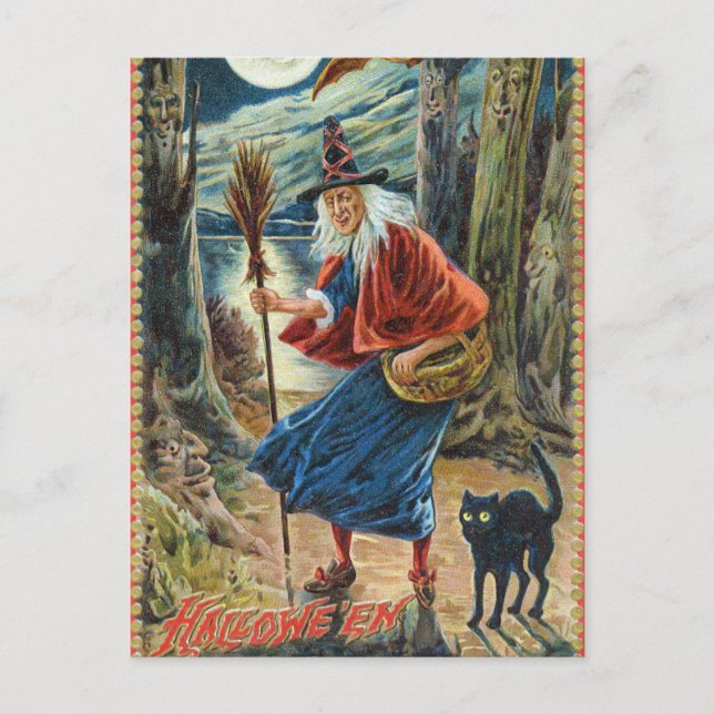 Cartão postal vintage de bruxa de Halloween com ga (Frente)