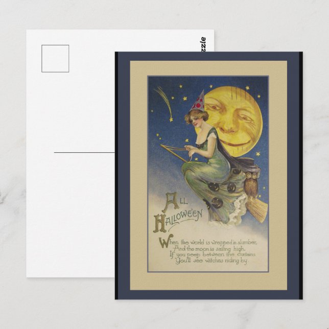 Cartão postal vintage de Halloween de bruxa voador (Frente/Verso)