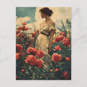 Cartão Postal Vintage de mulheres e peônias