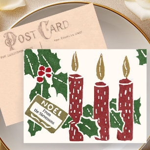 Cartão postal vintage de Natal com velas em linole