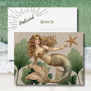 Cartão postal vintage de sereia e estrela do mar