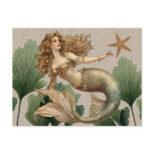 Cartão postal vintage de sereia e estrela do mar