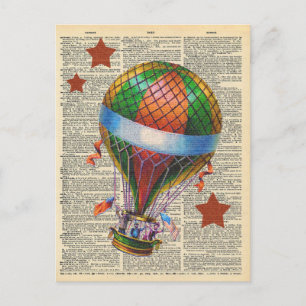 Cartão Postal Vintage Dictionary Art Hot Air Balloon Circus