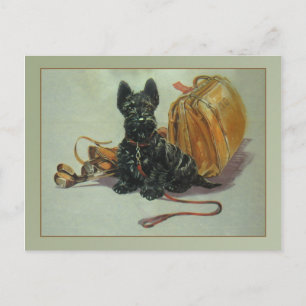 Cartão postal vintage do cachorro Scottie viajando