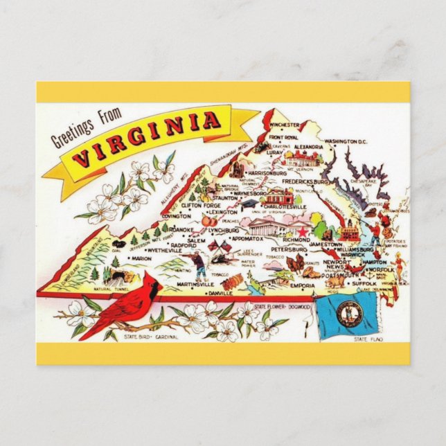 Cartão postal vintage do mapa da Virgínia (Frente)