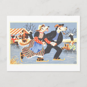 Cartão Postal Vintage Dogs Ice Skating Winter