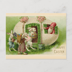 Cartão Postal Vintage Easter Bunnies e Gnomo Páscoas Saudaçõe