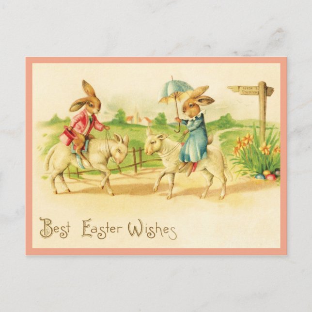 Cartão Postal Vintage Easter Bunnies e Lambs (Frente)
