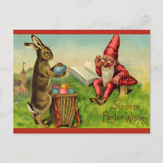 Cartão Postal Vintage Easter Bunny and Gnome (Frente)