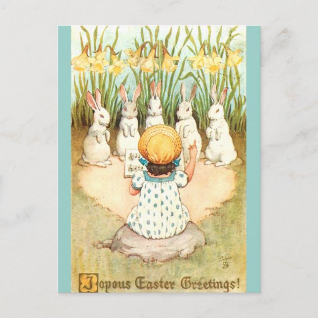 Cartão Postal Vintage Easter Bunny Choir and Daffodils (Frente)