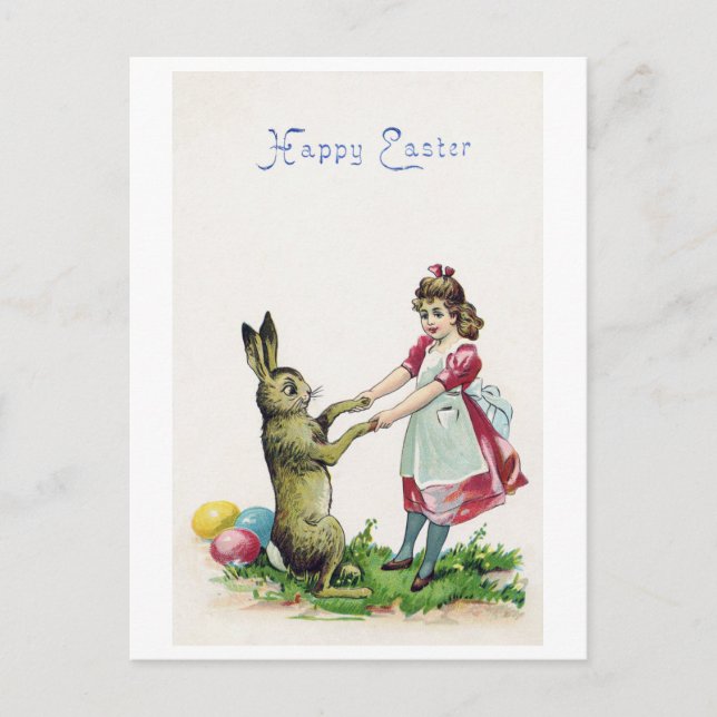 Cartão Postal Vintage Easter Bunny com Rapariga (Frente)