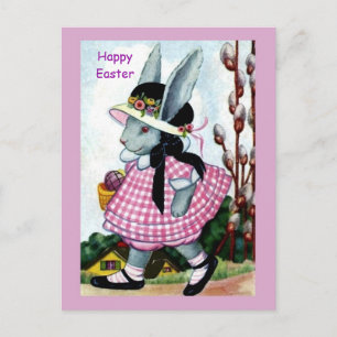 Cartão Postal Vintage Easter Bunny Girl in Páscoa Bonnet & Vres