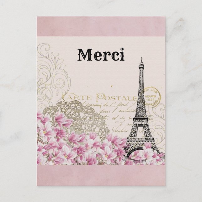 Cartão Postal Vintage Eiffel Tower Paris França Obrigado (Frente)