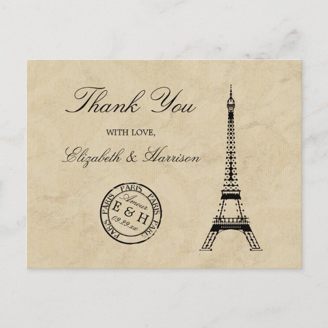 Cartão Postal Vintage Eiffel Tower Paris Postmark Obrigado (Frente)