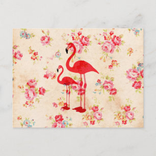 Cartão Postal Vintage elegant flamingos rosa vermelha floral