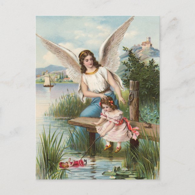 Cartão Postal Vintage Engel Schutzengel mit Mädchen (Frente)