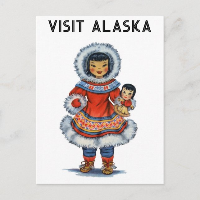 Cartão Postal Vintage Eskimo Visite o Alaska Viagem (Frente)