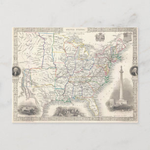 Cartão Postal Vintage Estados Unidos Mapa por Tallis e Rapkin