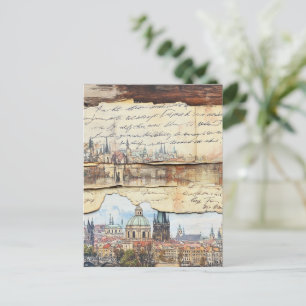 Cartão Postal Vintage European Cityscape com letra manuscrita