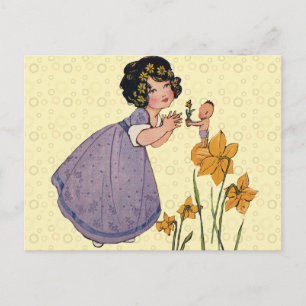 Cartão Postal Vintage Fairy Sprite e Daffodils