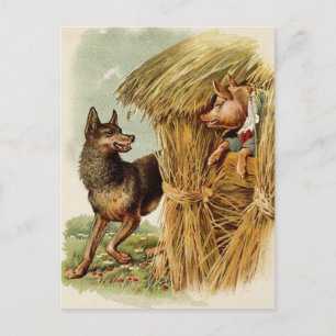Cartão Postal Vintage Fairy Tale, Three Little Pigs and Wolf