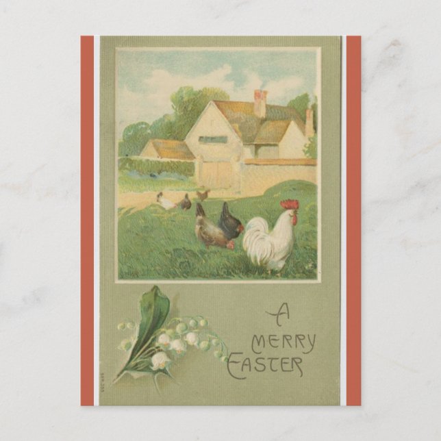 Cartão Postal Vintage Farm With Chickens Easter (Frente)