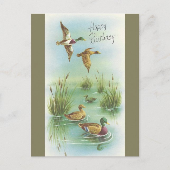 Cartão Postal Vintage Feliz Aniversário Com Patos (Frente)