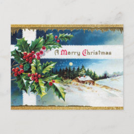 Cartão Postal Vintage Feliz Natal com Dourada Glitter