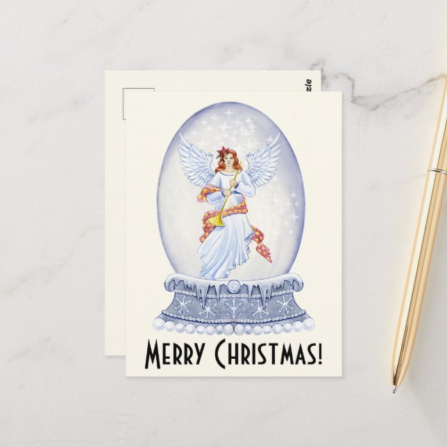 Cartão Postal Vintage Felry Christmas Angel Sparparte Snowglobe (Frente/Verso In Situ)