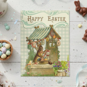 Cartão Postal Vintage Felz pascoa Bunny House Primavera