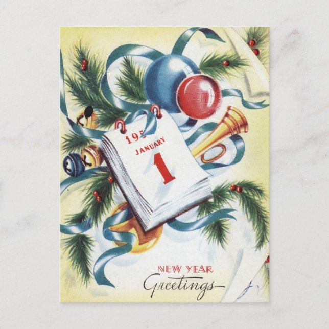 Cartão Postal Vintage Festive New Year Saudações (Frente)