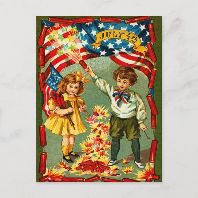 Cartão Postal Vintage Fireworks e Kids (Frente)