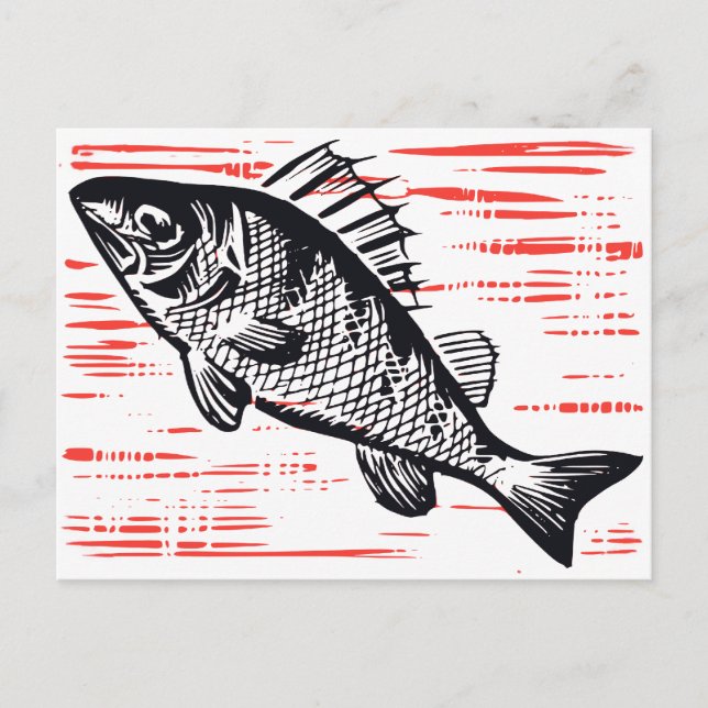 Cartão Postal Vintage Fish Woodcut (Frente)