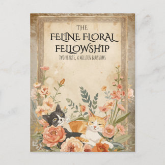 Cartão Postal Vintage Floral Feline Cottagecore Botanical Art