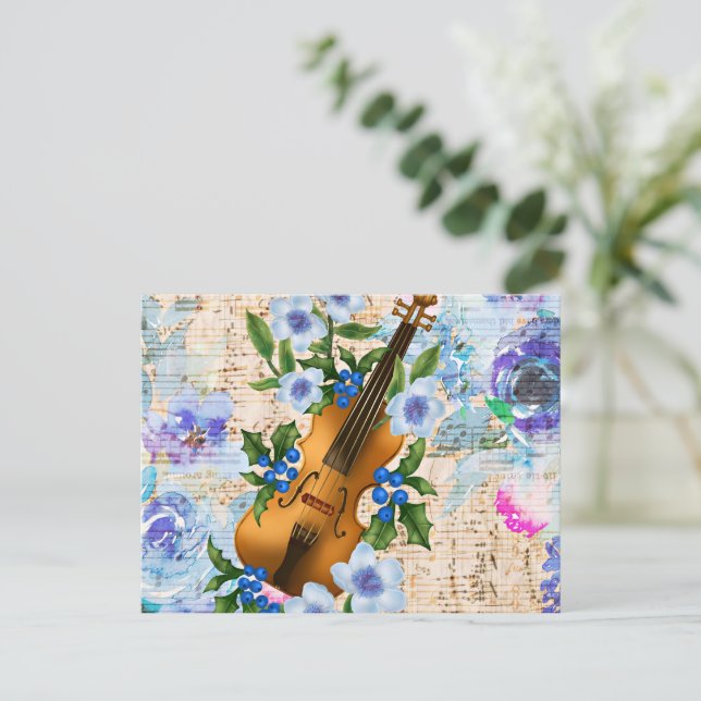 Cartão Postal Vintage Floral Music Violin (Em pé/Frente)