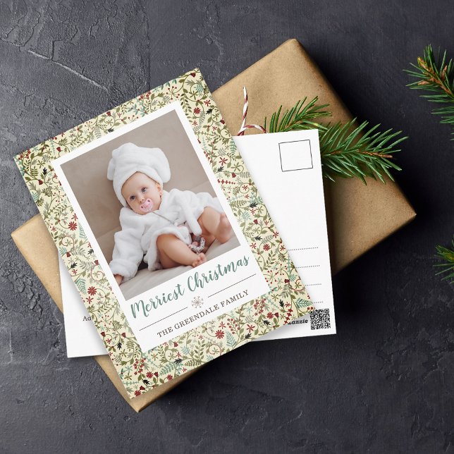 Cartão Postal Vintage Floral Natal Patterno Foto (Vintage Floral Christmas Holiday Pattern Photo Postcard)