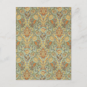 Cartão Postal Vintage Floral Patterley Cyan Green Yellow