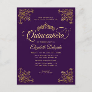 Cartão Postal Vintage Frame Dourado Violeta Roxo Tiara Quinceane