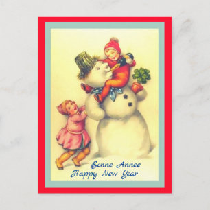 Cartão Postal Vintage francês de ano novo Snowman com filhos (c